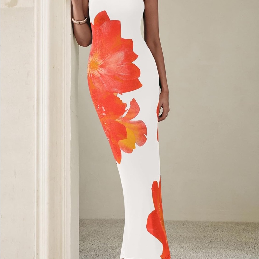 Strapless Floral Dress in White and Orange